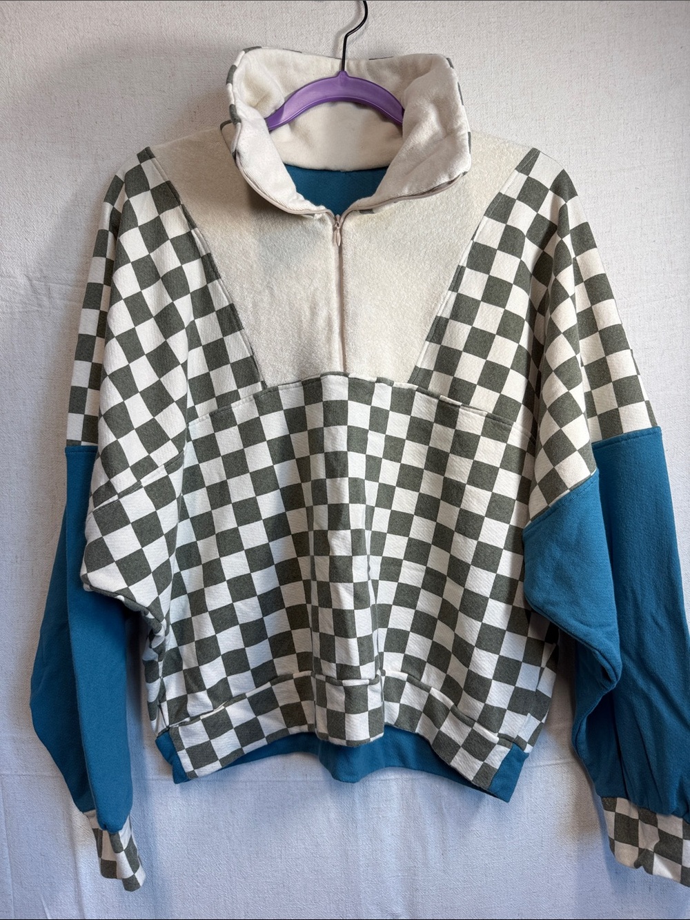 Checkerboard Half-Zip Pullover Sweatshirt in Cream & Teal
